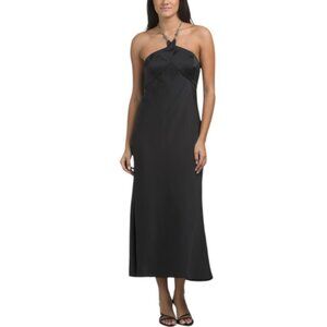 LIV FOSTER Sleeveless Halter Satin Midi Dress